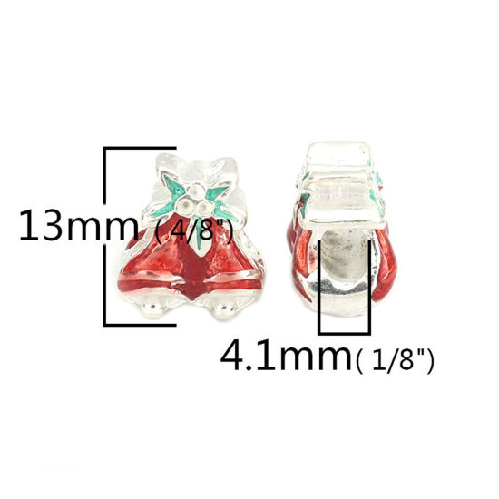 Immagine di Lega di Zinco Perline Natale Jingling Campanello Argento Placcato Rosso & Verde Smalto (Può Tenere ss4 Strass Appuntito Indietro) Circa 13mm x 12mm, Foro:Circa 4.1mm, 5 Pz