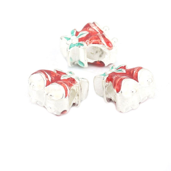 Immagine di Lega di Zinco Perline Natale Jingling Campanello Argento Placcato Rosso & Verde Smalto (Può Tenere ss4 Strass Appuntito Indietro) Circa 13mm x 12mm, Foro:Circa 4.1mm, 5 Pz