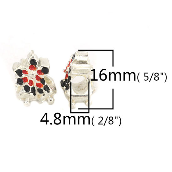 Picture of Zinc Based Alloy Christmas Beads Bell Silver Plated Black & Red Christmas Snowflake Enamel About 16mm x 12mm, Hole: Approx 4.8mm, 5 PCs