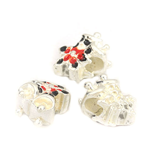 Picture of Zinc Based Alloy Christmas Beads Bell Silver Plated Black & Red Christmas Snowflake Enamel About 16mm x 12mm, Hole: Approx 4.8mm, 5 PCs