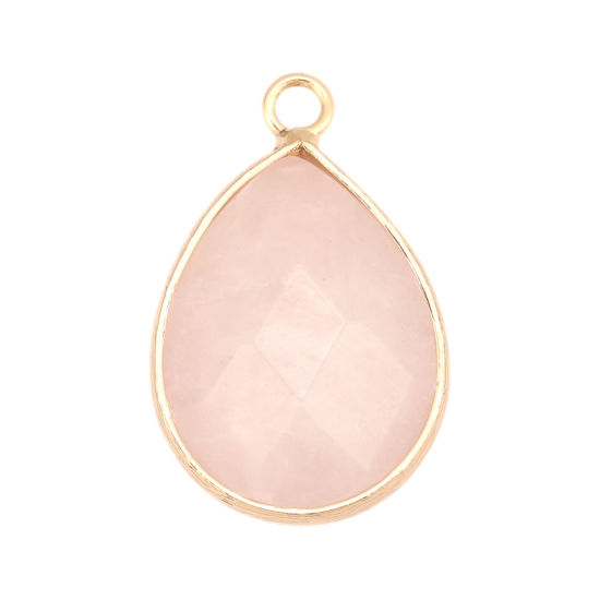 Picture of (Grade A) Rose Quartz ( Natural ) Charms Gold Plated Light Pink Drop Faceted 25mm x 16mm, 1 Piece