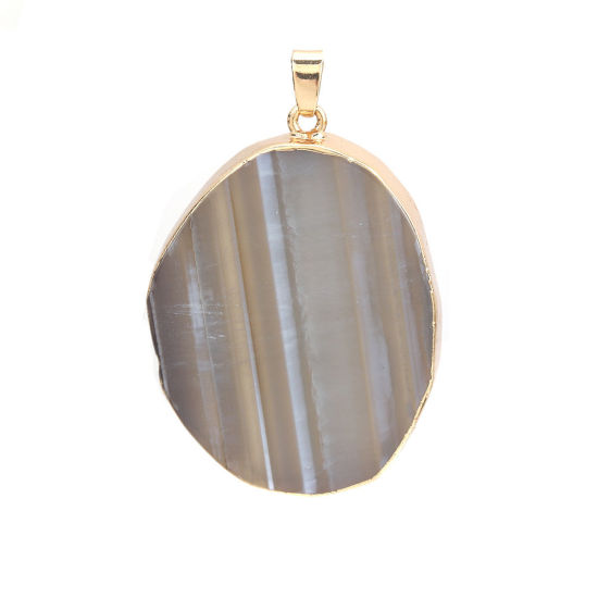 Picture of (Grade A) Agate ( Natural ) Pendants Oval Gold Plated White & Gray 5.6cm x 3.7cm, 1 Piece