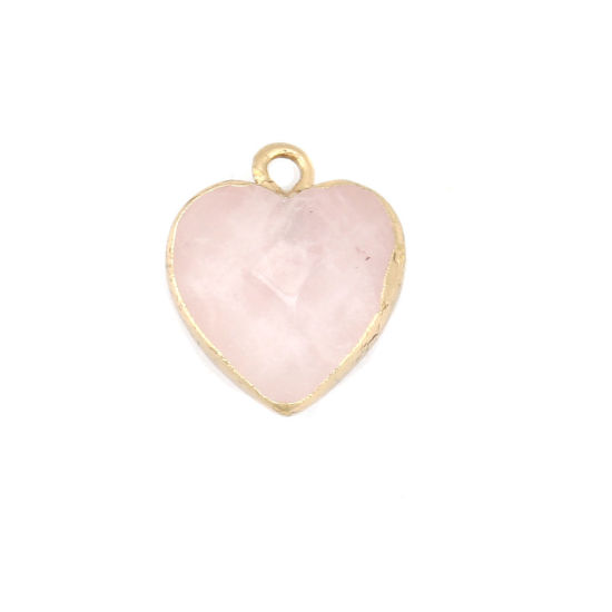 Picture of (Grade A) Rose Quartz ( Natural ) Charms Gold Plated Light Pink Heart 17mm x 14mm, 1 Piece