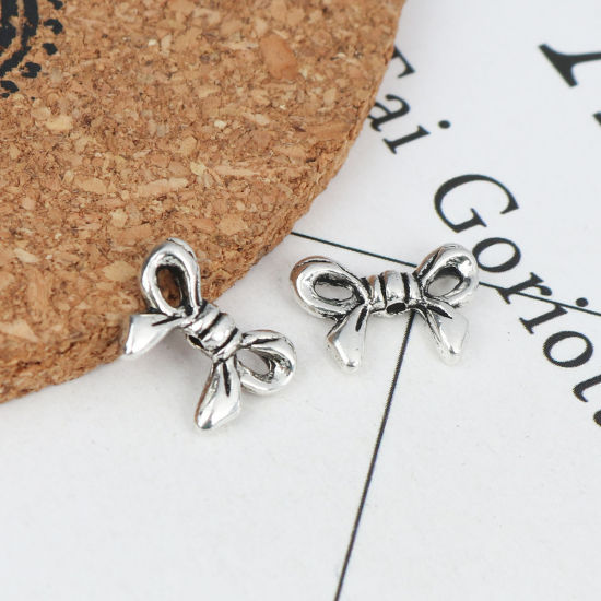 Picture of Zinc Based Alloy Beads Bowknot Antique Silver Color About 14mm x 10mm, Hole: Approx 1.1mm, 100 PCs