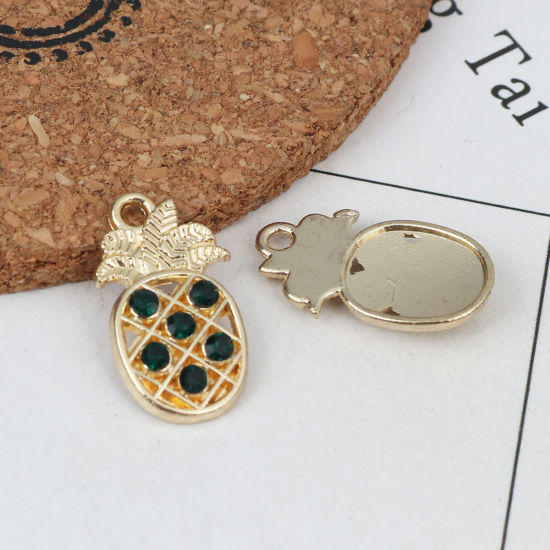 Picture of Zinc Based Alloy Charms Pineapple/ Ananas Fruit Gold Plated Black Rhinestone 22mm x 12mm, 5 PCs