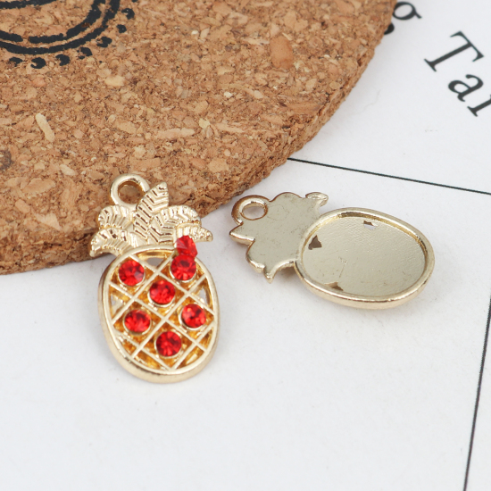 Picture of Zinc Based Alloy Charms Pineapple/ Ananas Fruit Gold Plated Red Rhinestone 22mm x 12mm, 5 PCs