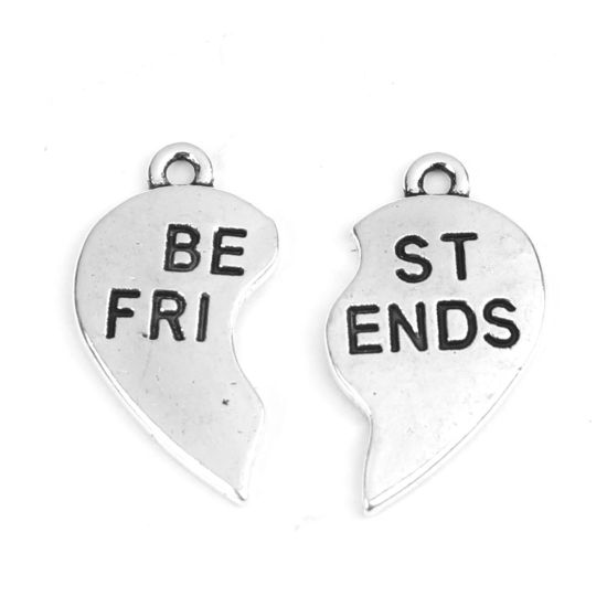 Immagine di Lega di Zinco Migliori Amici Charms Cuore Spezzato Argento Antico Lettere " Best Friends " 23mm x 13mm , 10 Seri ( 2 Pz/Serie)