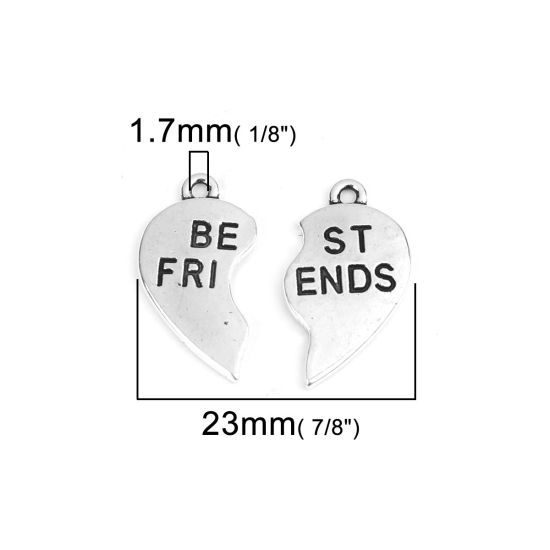 Immagine di Lega di Zinco Migliori Amici Charms Cuore Spezzato Argento Antico Lettere " Best Friends " 23mm x 13mm , 10 Seri ( 2 Pz/Serie)