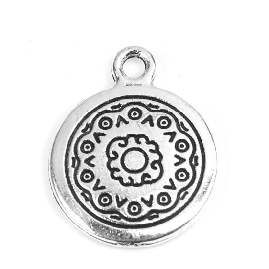 Picture of Zinc Based Alloy Cabochon Settings Charms Round Antique Silver Color Carved Pattern (Fits 13.5mm ) 20mm x 16mm, 30 PCs