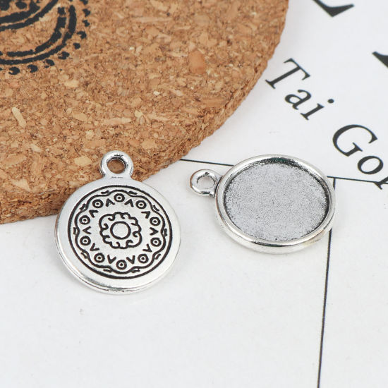 Picture of Zinc Based Alloy Cabochon Settings Charms Round Antique Silver Color Carved Pattern (Fits 13.5mm ) 20mm x 16mm, 30 PCs