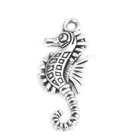 Picture of Zinc Based Alloy Ocean Jewelry Charms Seahorse Animal Antique Silver Color 29mm x 12mm, 50 PCs