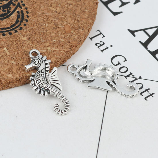 Picture of Zinc Based Alloy Ocean Jewelry Charms Seahorse Animal Antique Silver Color 29mm x 12mm, 50 PCs