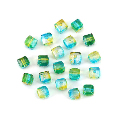 Image de Perles en Verre Carré Vert & Jaune Deux Couleurs A Facettes, 5mm x 5mm, Trou: 1.4mm, 100 Pcs