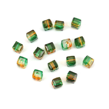 Image de Perles en Verre Carré Vert & Orange Deux Couleurs A Facettes, 5mm x 5mm, Trou: 1.4mm, 100 Pcs