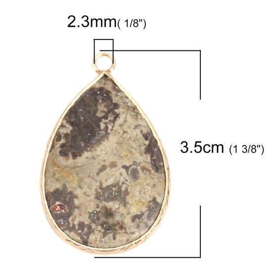 Picture of (Grade A) Ocean Jasper ( Natural ) Pendants Gold Plated Khaki Drop 3.5cm x 2.1cm, 1 Piece