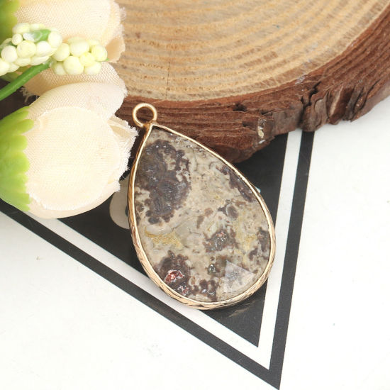 Picture of (Grade A) Ocean Jasper ( Natural ) Pendants Gold Plated Khaki Drop 3.5cm x 2.1cm, 1 Piece