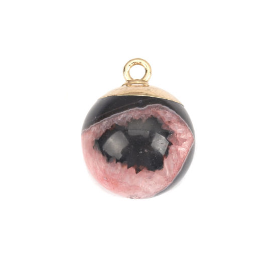 Picture of (Grade A) Agate ( Natural ) Charms Ball Gold Plated Black & Pink 25mm x 20mm, 1 Piece