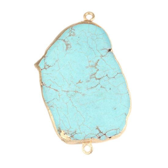 Picture of (Grade B) Turquoise ( Natural ) Connectors Irregular Gold Plated Green Blue Crackle 6.3cm x 3.7cm, 1 Piece