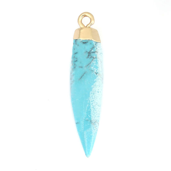 Picture of (Grade B) Turquoise ( Natural ) Pendants Gold Plated Blue Pencil Texture 3.2cm x 0.7cm, 1 Piece