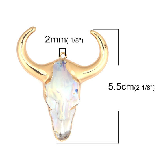 Picture of Brass & Glass Pendants Cow Animal Gold Plated Transparent Clear 5.5cm x 4.5cm, 1 Piece