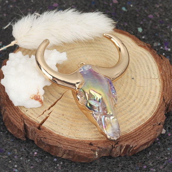 Picture of Brass & Glass Pendants Cow Animal Gold Plated Transparent Clear 5.5cm x 4.5cm, 1 Piece