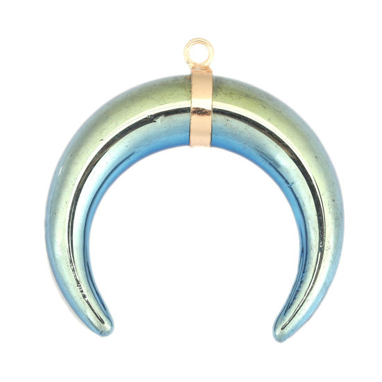 Picture of Copper & Glass Pendants Half Moon Gold Plated Blue 3.9cm x 3.8cm, 1 Piece