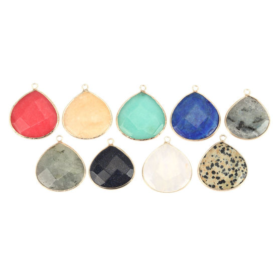 Picture of Stone ( Natural ) Pendants Gold Plated Black & Khaki Drop Spot 3.3cm x 2.9cm, 1 Piece