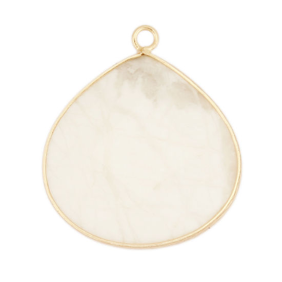 Picture of (Grade A) Howlite ( Natural ) Pendants Gold Plated White & Gray Drop Texture 3.3cm x 2.9cm, 1 Piece