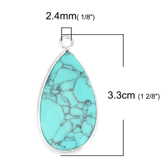 Picture of (Grade B) Turquoise ( Natural ) Pendants Silver Tone Blue Drop Crackle 3.3cm x 1.6cm, 1 Piece