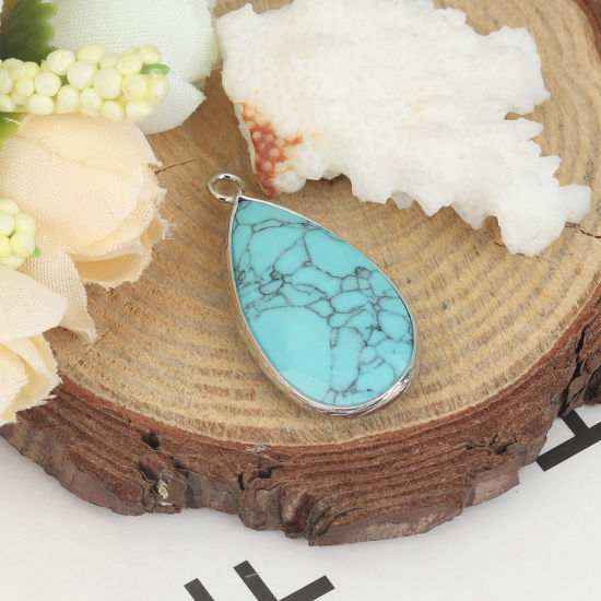 Picture of (Grade B) Turquoise ( Natural ) Pendants Silver Tone Blue Drop Crackle 3.3cm x 1.6cm, 1 Piece