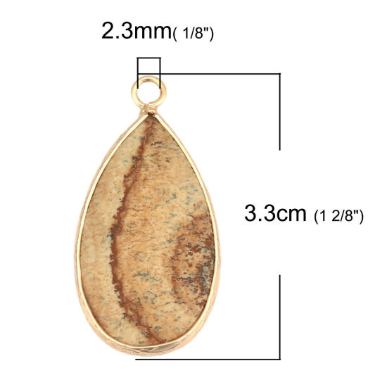 Picture of (Grade A) Arkose ( Natural ) Pendants Gold Plated Khaki Drop 3.3cm x 1.6cm, 1 Piece