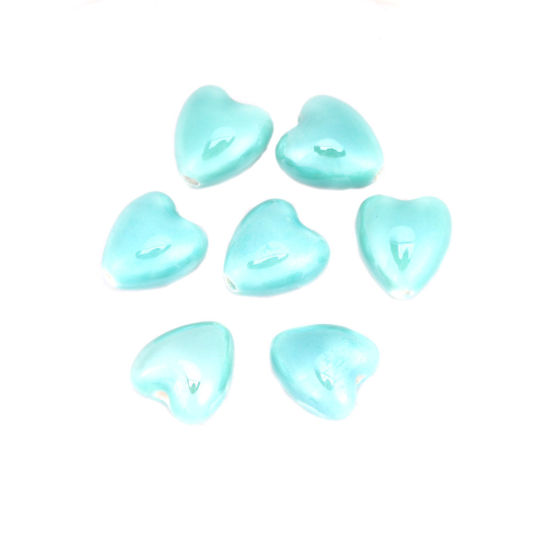 Image de Perles en Céramique Cœur Bleu-Vert 13mm x 12mm, Taille de Trou: 1.9mm, 20 Pcs