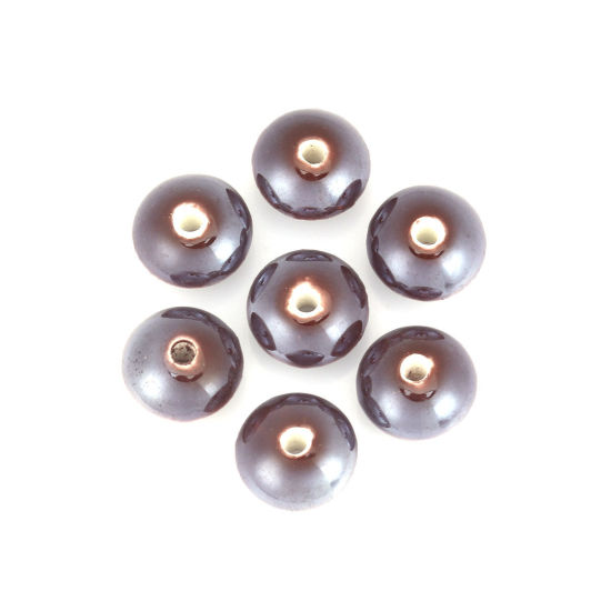 Изображение Керамические Бусины Плоские Круглые Темно-кофейный Примерно 12мм диаметр, Размер Поры 2.2мм, 20 ШТ
