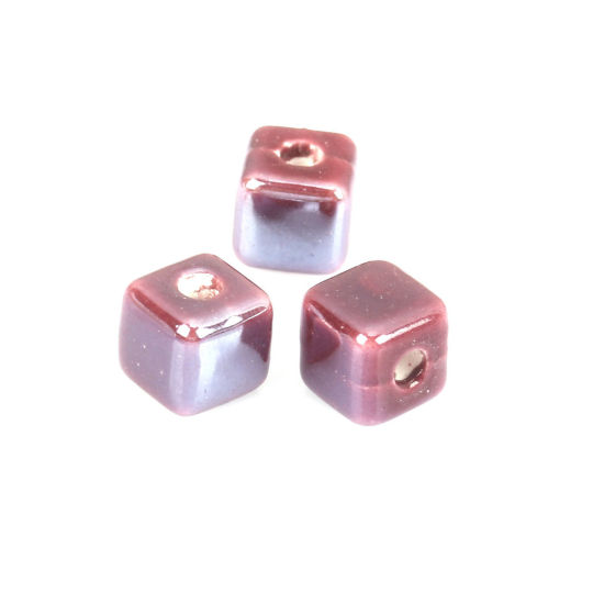 Picture of Ceramic Beads Square Fuchsia About 8mm x 8mm, Hole: Approx 2.4mm, 30 PCs