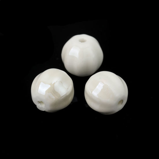 Image de Perles en Céramique Rond Blanc Rayées 14mm Dia, Taille de Trou: 2.3mm, 20 Pcs