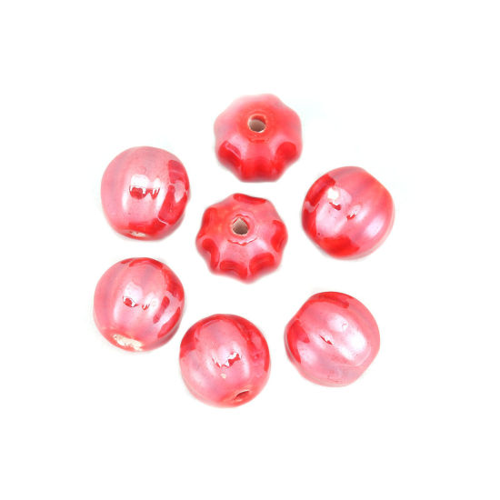 Image de Perles en Céramique Rond Rouge Rayées 14mm Dia, Taille de Trou: 2.3mm, 20 Pcs