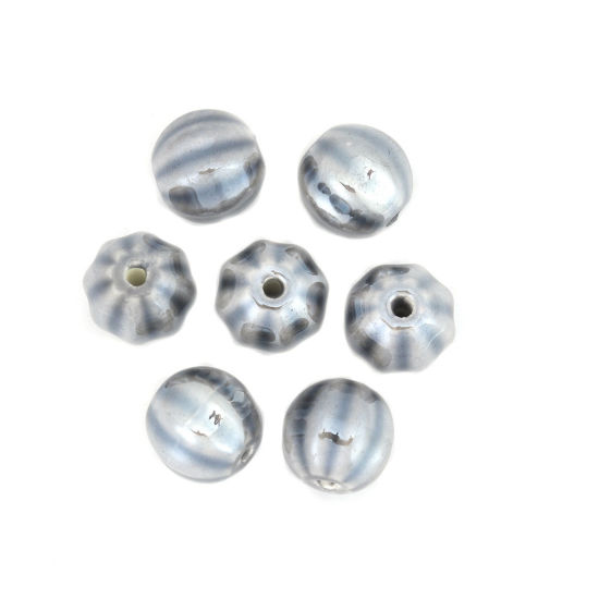 Picture of Ceramic Beads Round Dark Gray Stripe About 14mm Dia, Hole: Approx 2.3mm, 20 PCs