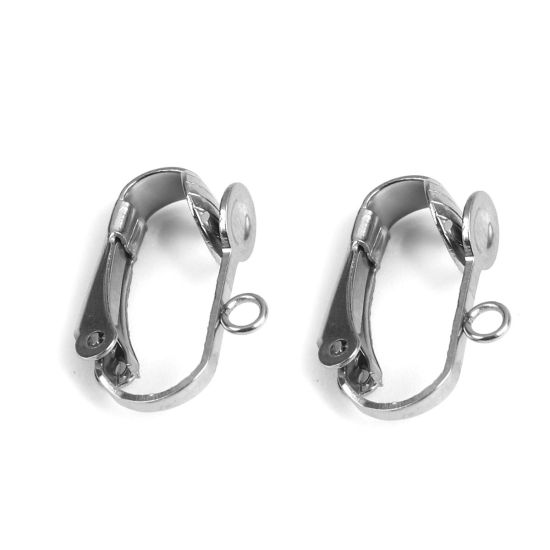 Picture of Stainless Steel Ear Clips Earrings Silver Tone W/ Loop 16mm x 12mm, 10 PCs