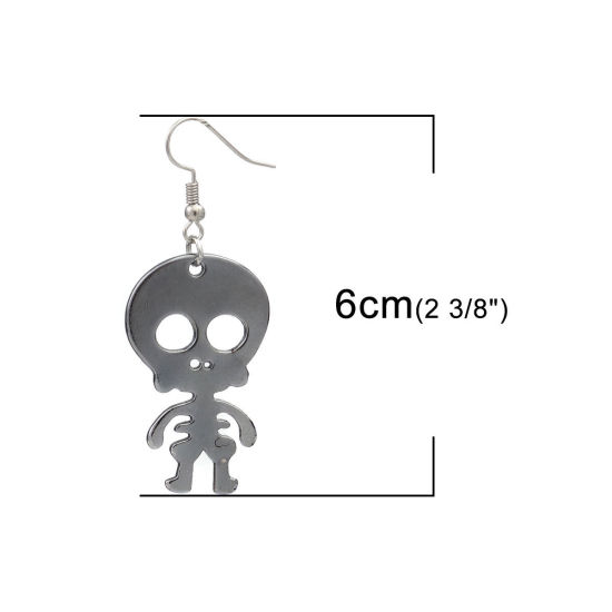 Picture of Halloween Earrings Gunmetal Skeleton Skull 6cm x 2.3cm, Post/ Wire Size: (21 gauge), 1 Pair