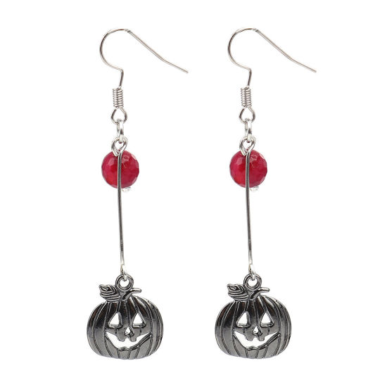Picture of Halloween Earrings Gunmetal Red Pumpkin 6.7cm x 1.6cm, Post/ Wire Size: (21 gauge), 1 Pair