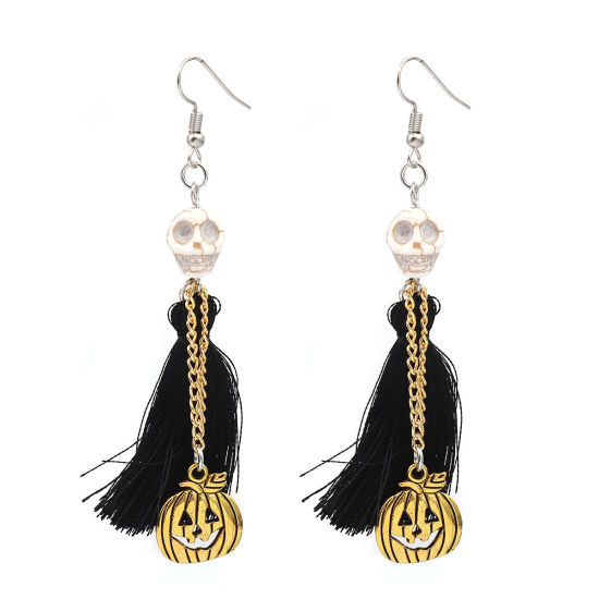 Picture of Halloween Earrings Antique Silver Color Black Skull Tassel 8.9cm x 1.6cm, Post/ Wire Size: (21 gauge), 1 Pair