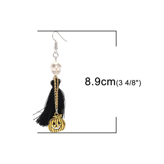 Picture of Halloween Earrings Antique Silver Color Black Skull Tassel 8.9cm x 1.6cm, Post/ Wire Size: (21 gauge), 1 Pair