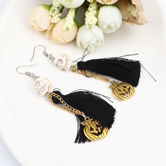 Picture of Halloween Earrings Antique Silver Color Black Skull Tassel 8.9cm x 1.6cm, Post/ Wire Size: (21 gauge), 1 Pair