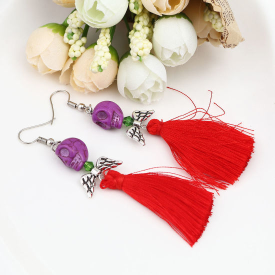 Picture of Halloween Earrings Antique Silver Color Purple Skull Tassel 9.4cm x 1.3cm, Post/ Wire Size: (21 gauge), 1 Pair