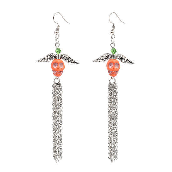 Picture of Halloween Earrings Antique Silver Color Orange Skull Tassel 11.4cm x 3.2cm, Post/ Wire Size: (21 gauge), 1 Pair