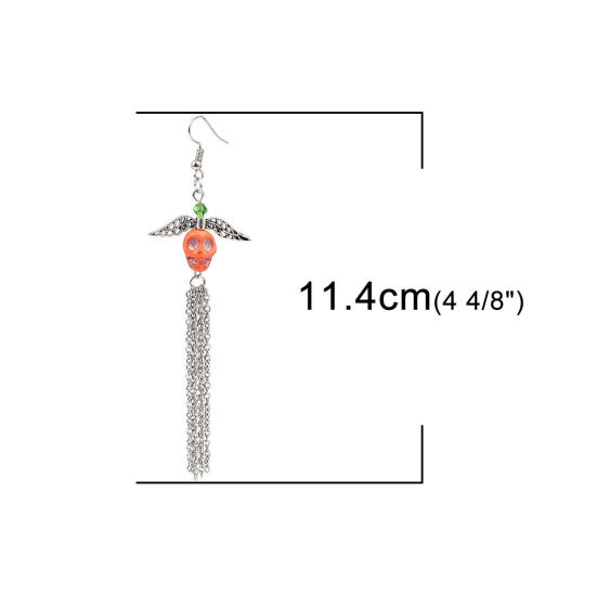 Picture of Halloween Earrings Antique Silver Color Orange Skull Tassel 11.4cm x 3.2cm, Post/ Wire Size: (21 gauge), 1 Pair