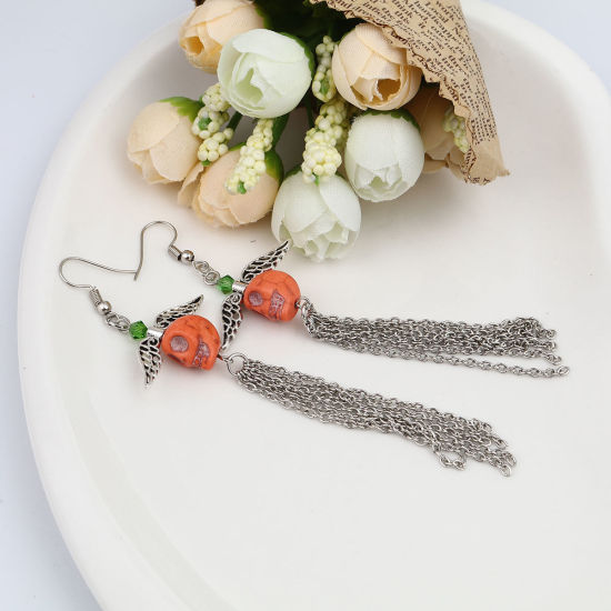 Picture of Halloween Earrings Antique Silver Color Orange Skull Tassel 11.4cm x 3.2cm, Post/ Wire Size: (21 gauge), 1 Pair