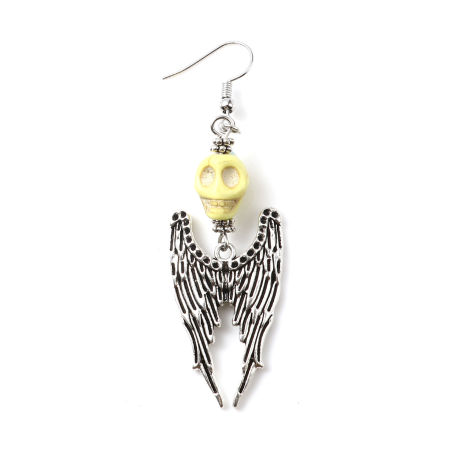 Picture of Halloween Earrings Antique Silver Color Green Skeleton Skull Wing (Can Hold ss4 Pointed Back Rhinestone) 8cm x 2.2cm, Post/ Wire Size: (21 gauge), 1 Pair