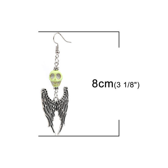 Picture of Halloween Earrings Antique Silver Color Green Skeleton Skull Wing (Can Hold ss4 Pointed Back Rhinestone) 8cm x 2.2cm, Post/ Wire Size: (21 gauge), 1 Pair