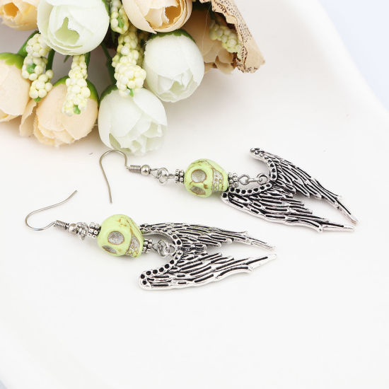 Picture of Halloween Earrings Antique Silver Color Green Skeleton Skull Wing (Can Hold ss4 Pointed Back Rhinestone) 8cm x 2.2cm, Post/ Wire Size: (21 gauge), 1 Pair